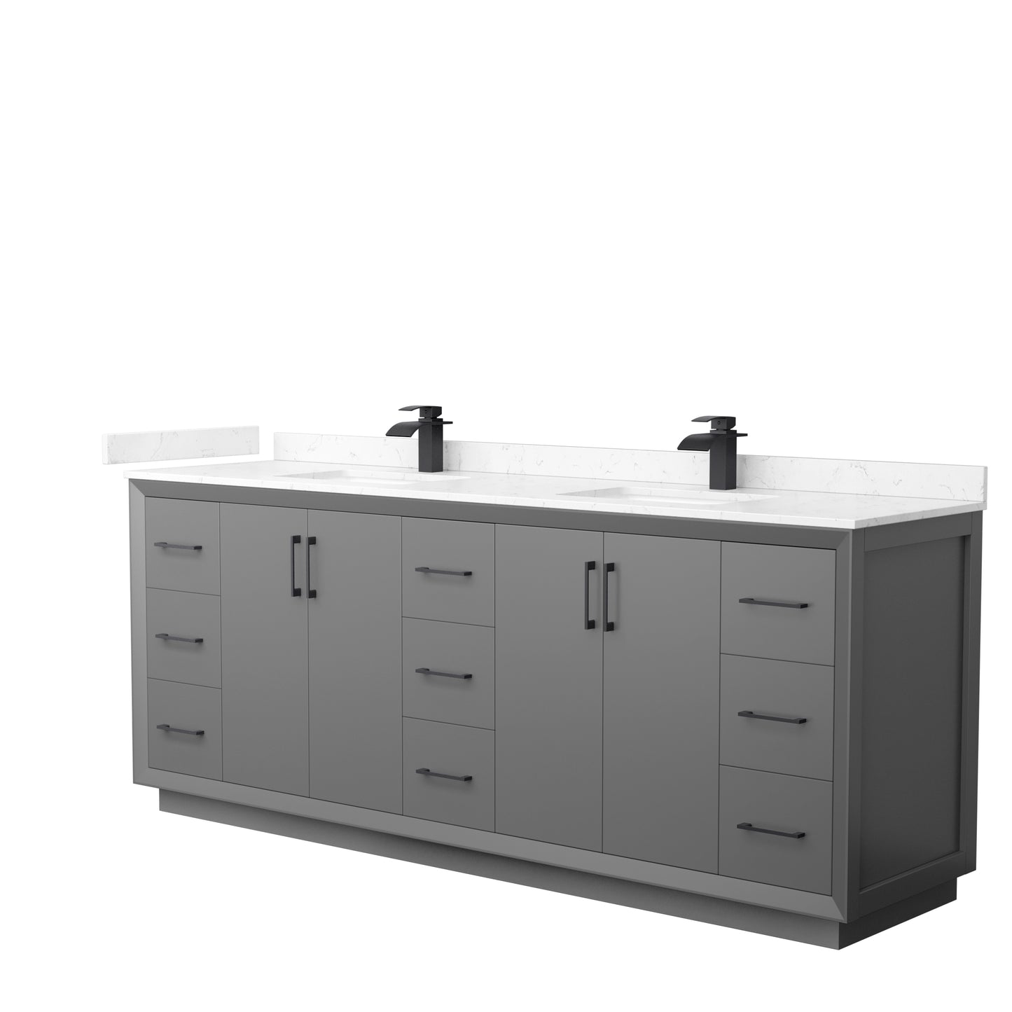 Strada 84" Double Vanity in Gray, Carrara  Marble Top, Sink, Black Trim