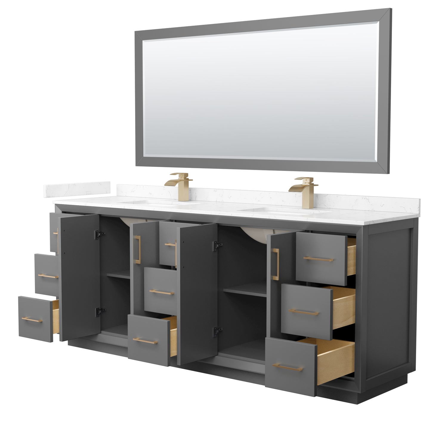 Strada 84" Gray Double Vanity, Carrara Marble Top, Sink, Bronze Trim, 70" Mirror