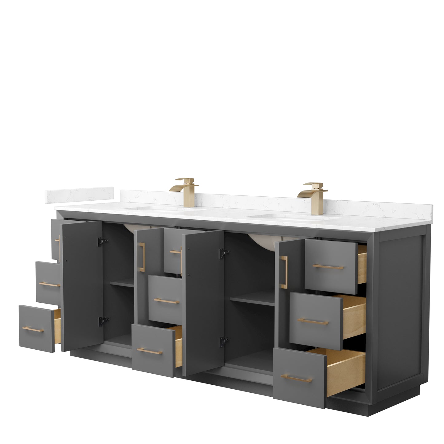 Strada 84" Double Vanity in Gray, Carrara  Marble Top, Sink, Bronze Trim
