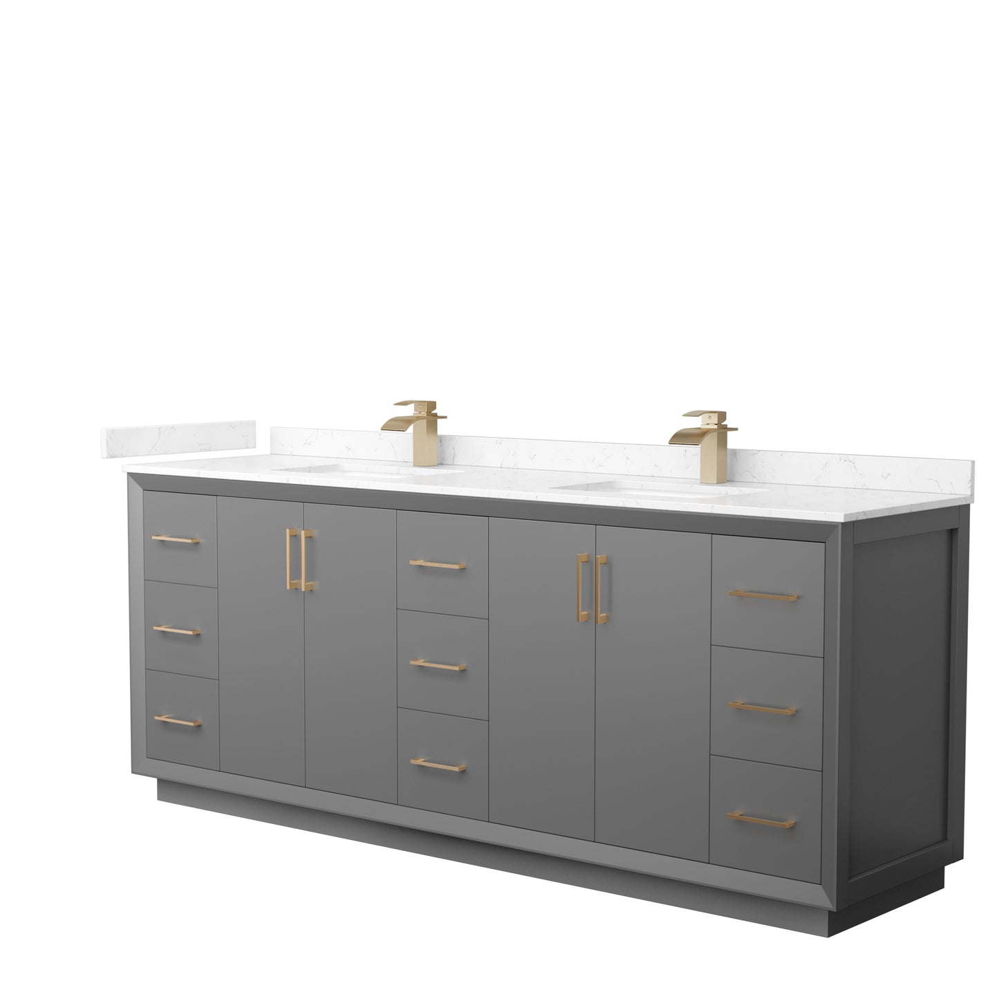 Strada 84" Double Vanity in Gray, Carrara  Marble Top, Sink, Bronze Trim