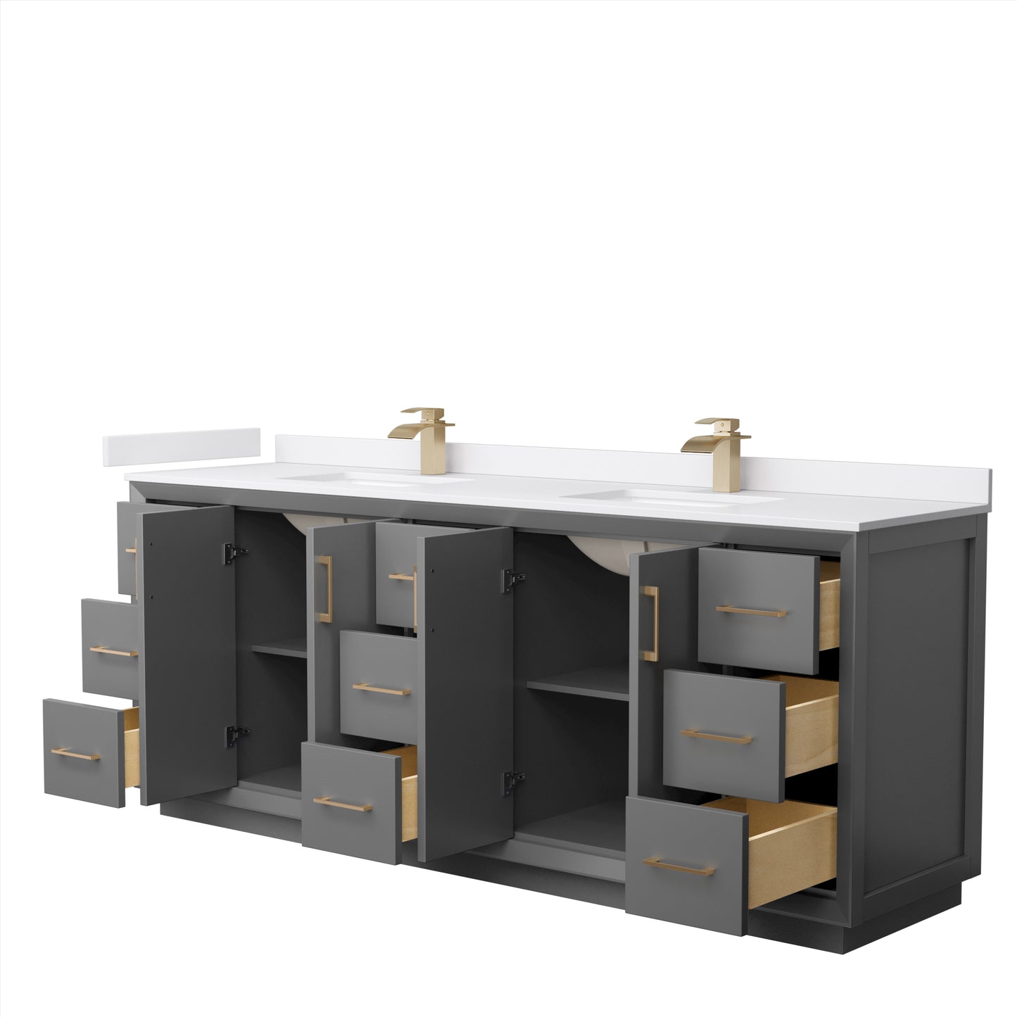 Strada 84" Double Vanity in Gray, White  Marble Top, Sink, Bronze Trim