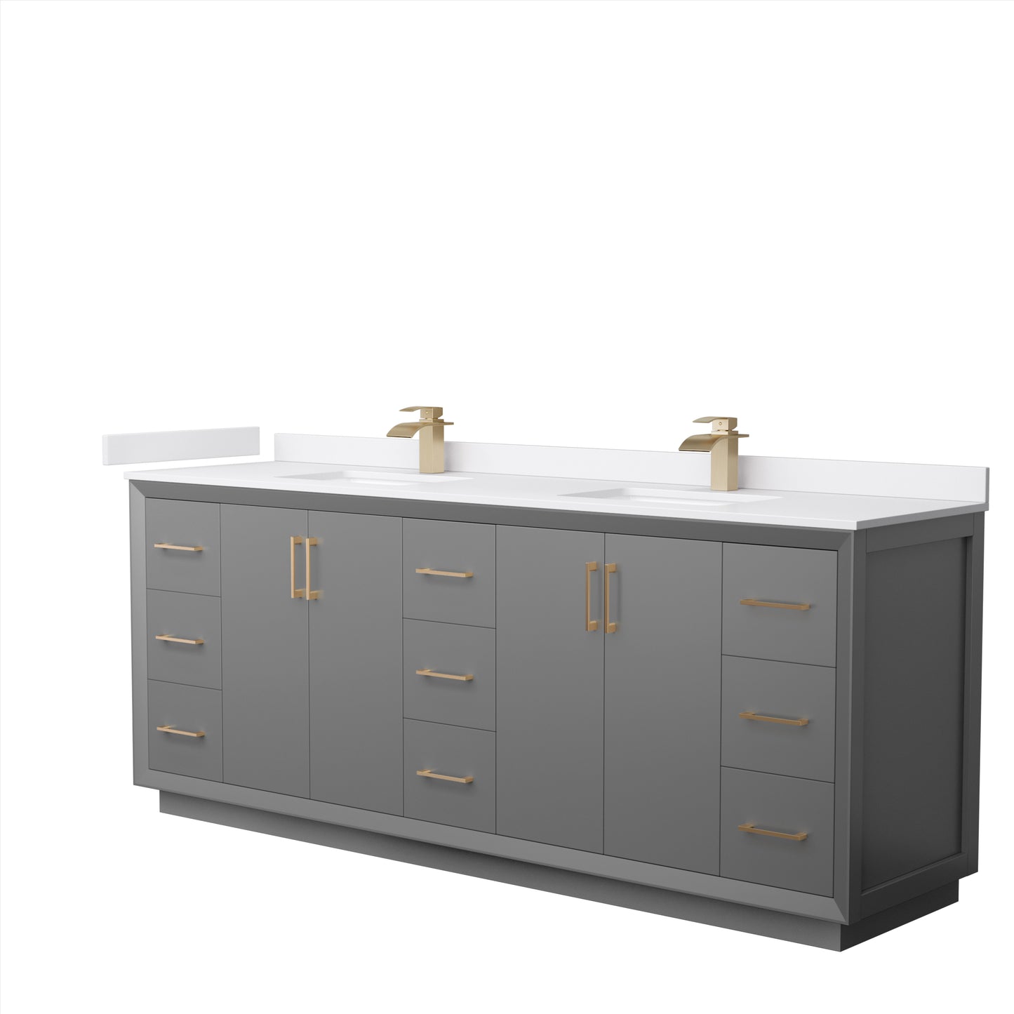 Strada 84" Double Vanity in Gray, White  Marble Top, Sink, Bronze Trim