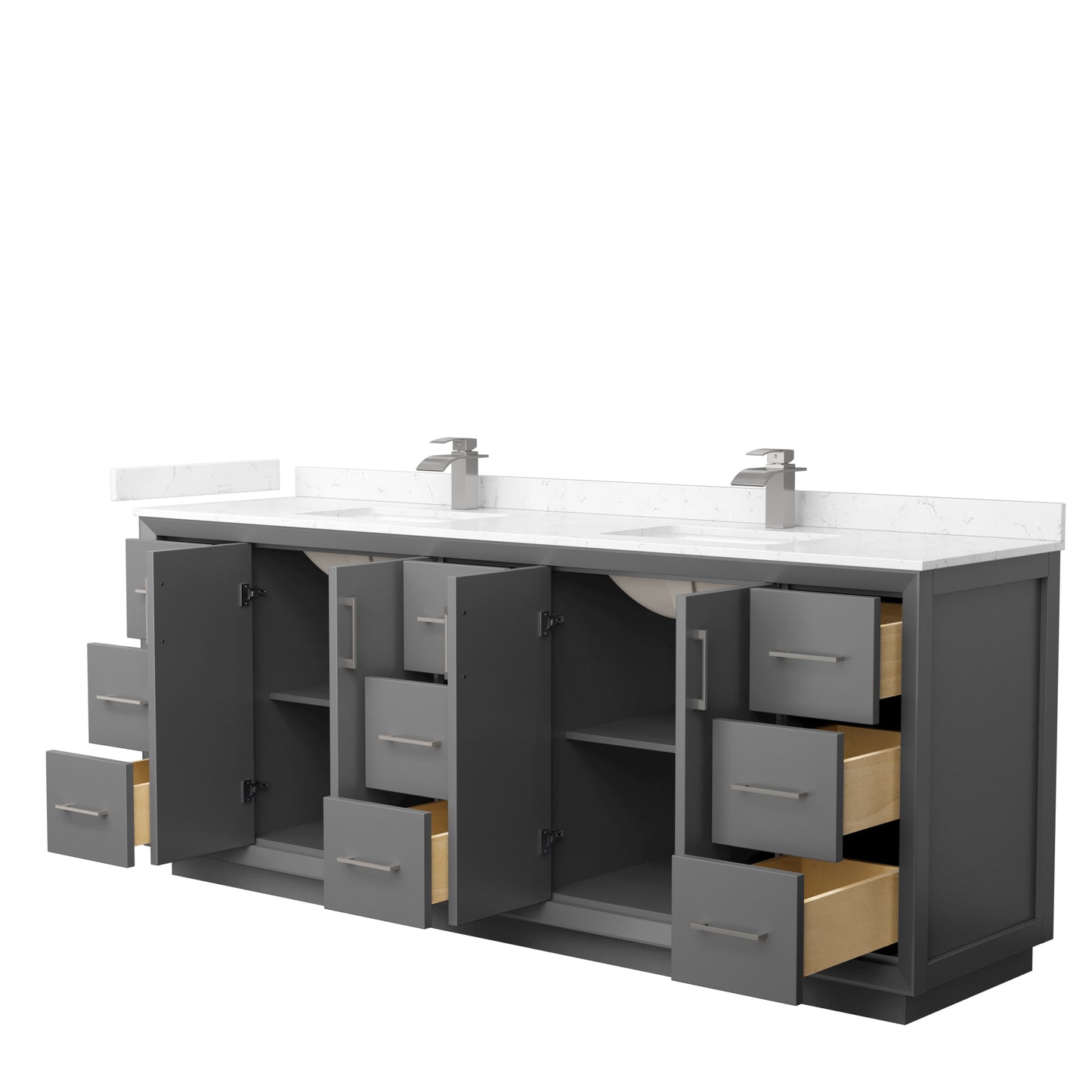 Strada 84" Double Vanity in Gray, Carrara  Marble Top, Sink, Nickel Trim