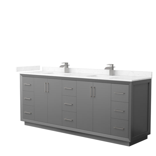 Strada 84" Double Vanity in Gray, Carrara  Marble Top, Sink, Nickel Trim