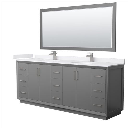 Strada 84" Gray Double Vanity, White Marble Top, Sink, Nickel Trim, 70" Mirror