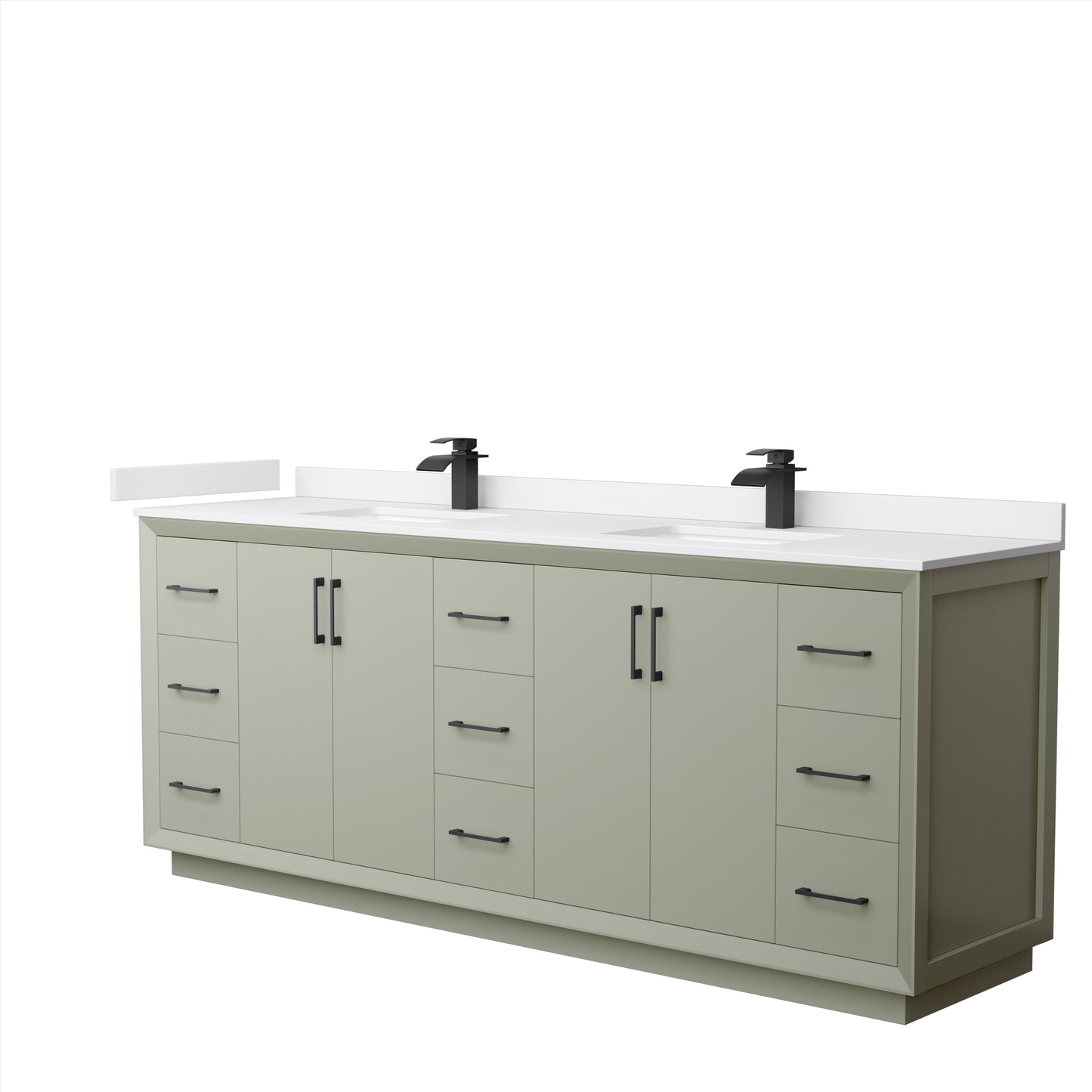 Strada 84" Double Vanity in Green, White  Marble Top, Sinks, Black Trim