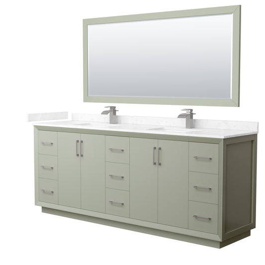 Strada 84" Green Double Vanity, Marble Top, Sinks, Nickel Trim, 70" Mirror