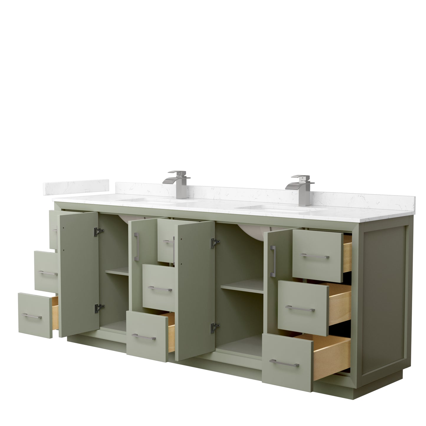 Strada 84" Double Vanity in Green, Carrara  Marble Top, Sinks, Nickel Trim