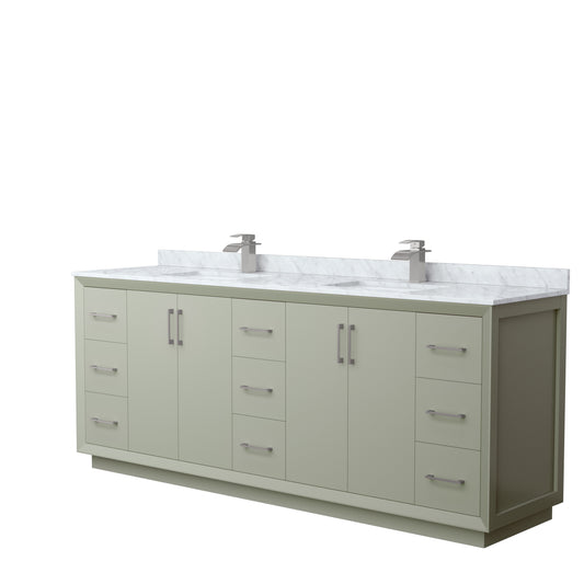 Strada 84" Double Vanity in Green, White Carrara Marble Top, Sinks, Nickel Trim