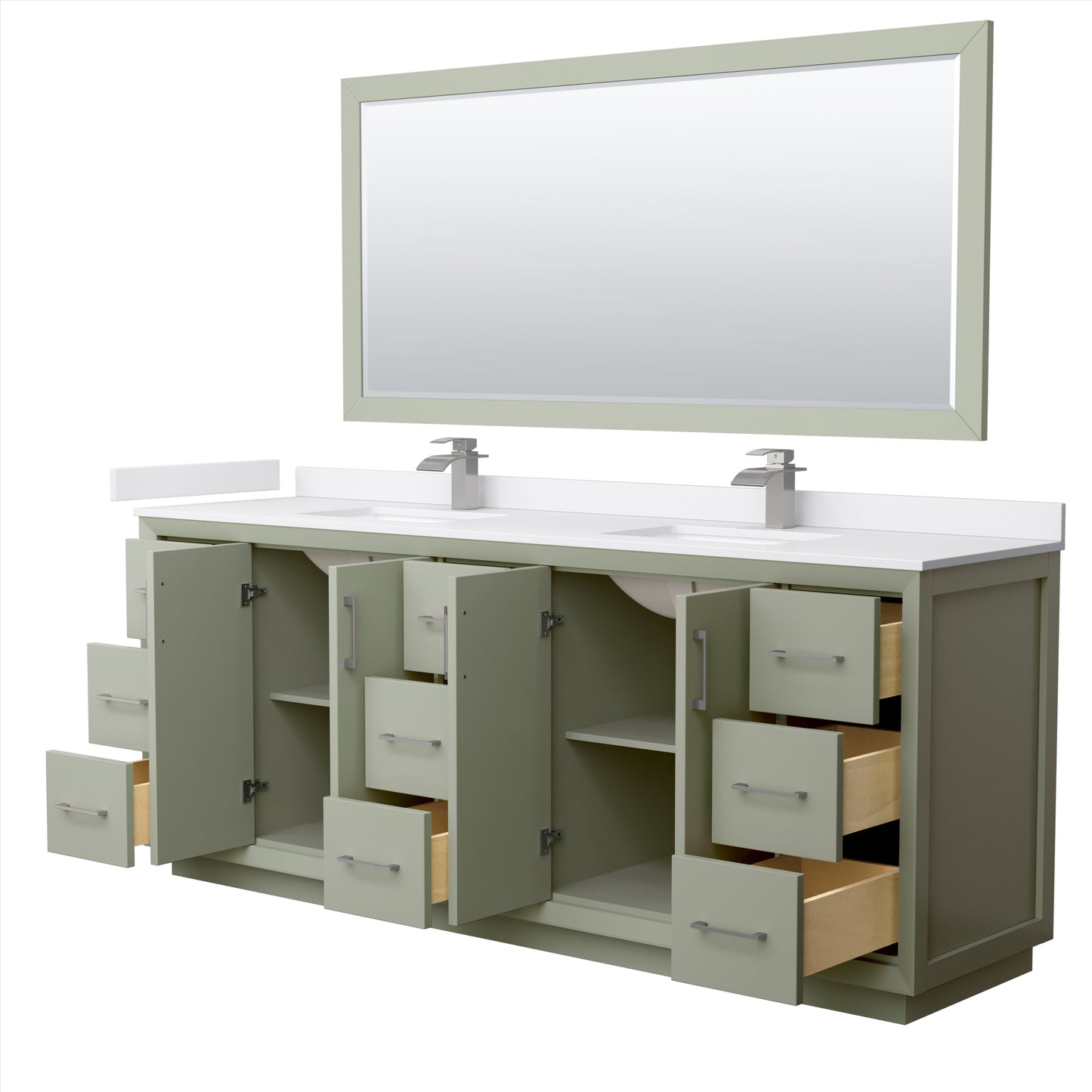 Strada 84" Green Double Vanity, White Marble Top, Sinks, Nickel Trim, 70" Mirror