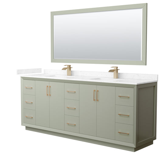 Strada 84" Green Double Vanity, Marble Top, Sinks, Bronze Trim, 70" Mirror