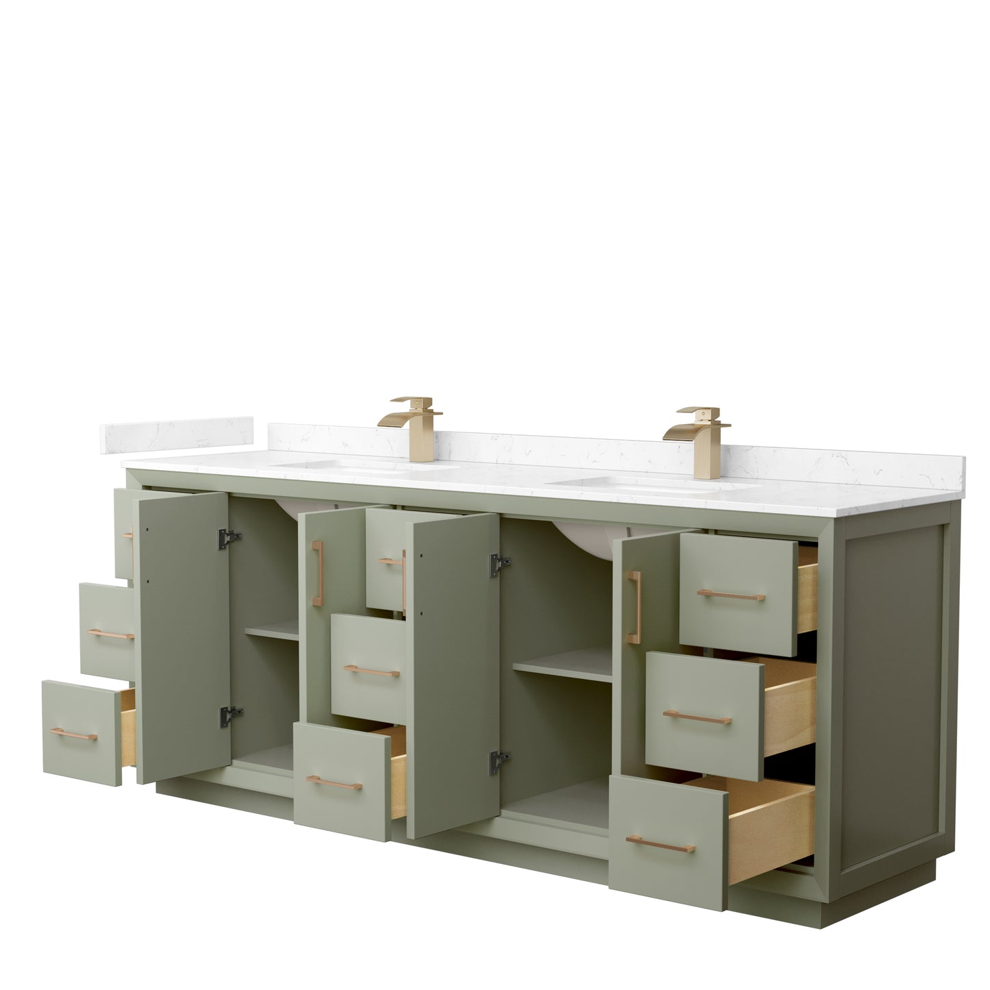 Strada 84" Double Vanity in Green, Carrara  Marble Top, Sinks, Bronze Trim