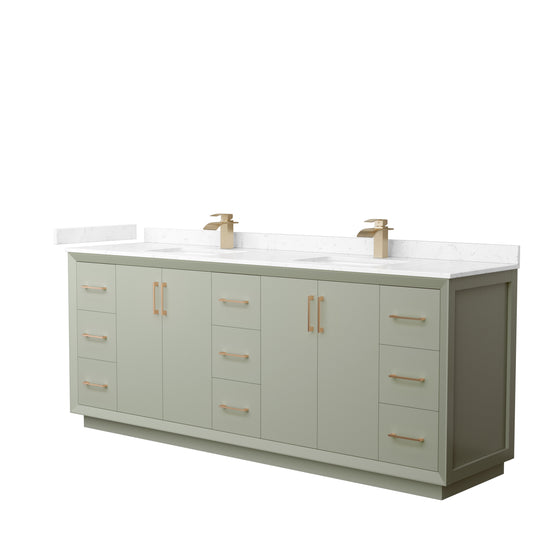 Strada 84" Double Vanity in Green, Carrara  Marble Top, Sinks, Bronze Trim