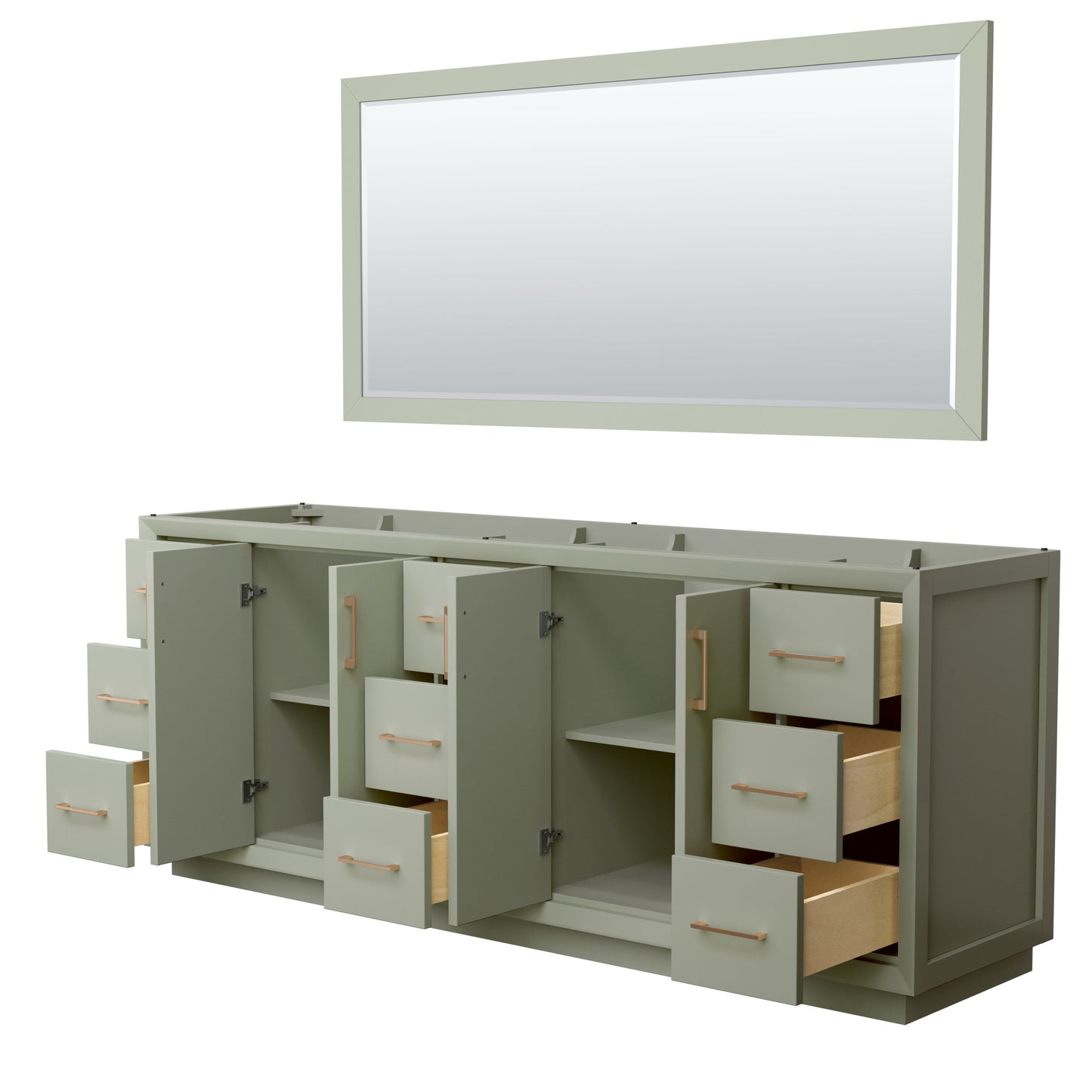 Strada 84 Inch Double Vanity in Light Green, Satin Bronze Trim, 70 Inch Mirror