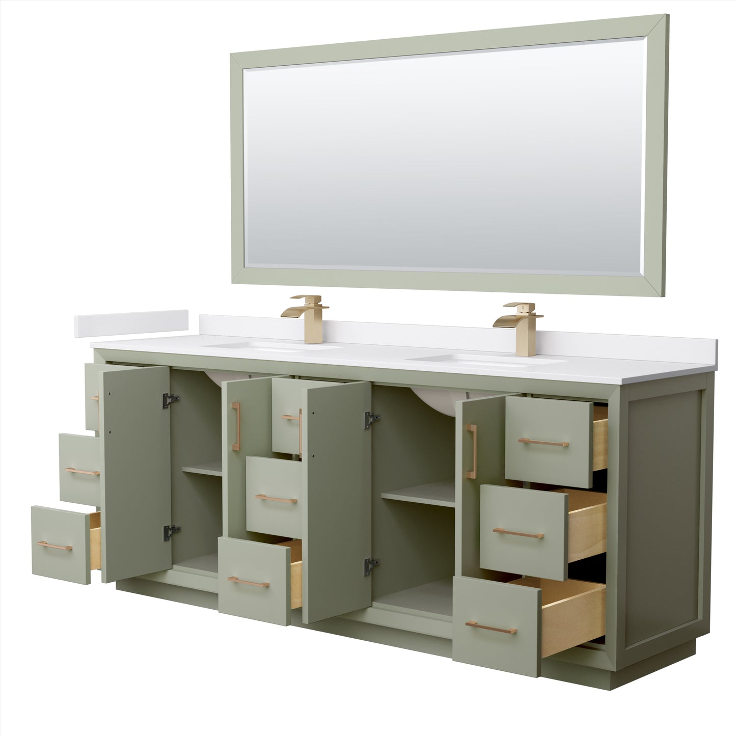 Strada 84" Green Double Vanity, White Marble Top, Sinks, Bronze Trim, 70" Mirror