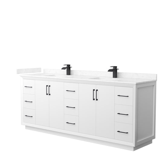 Strada 84" Double Vanity in White, Carrara  Marble Top, Sink, Black Trim