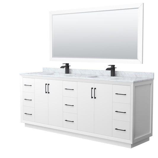 Strada 84" Double Vanity in White, Marble Top, Sink, Black Trim, 70" Mirror