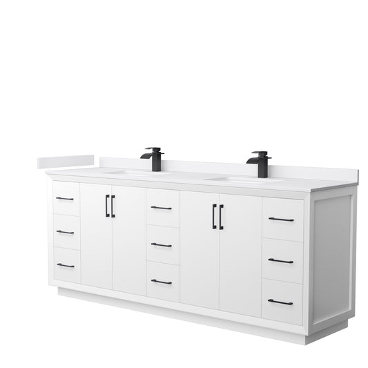 Strada 84" Double Vanity in White, White  Marble Top, Sink, Black Trim