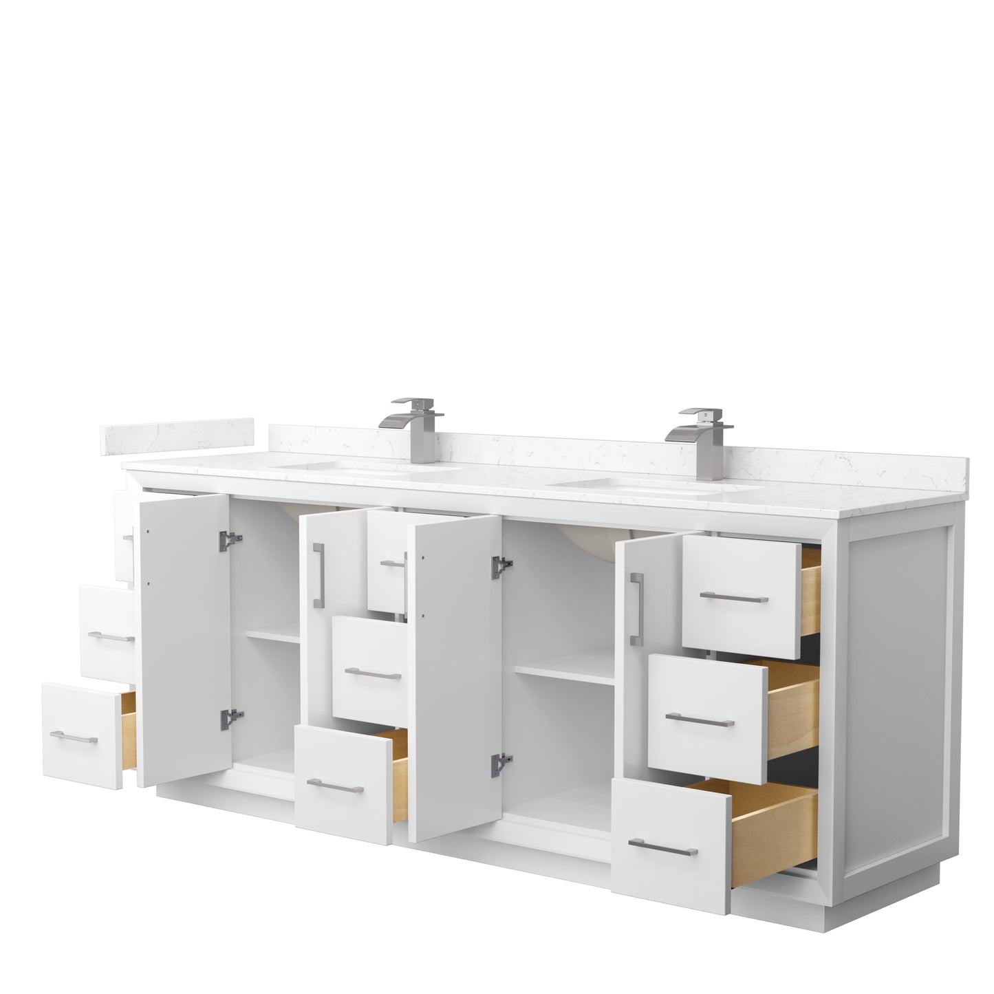 Strada 84" Double Vanity in White, Carrara  Marble Top, Sink, Nickel Trim