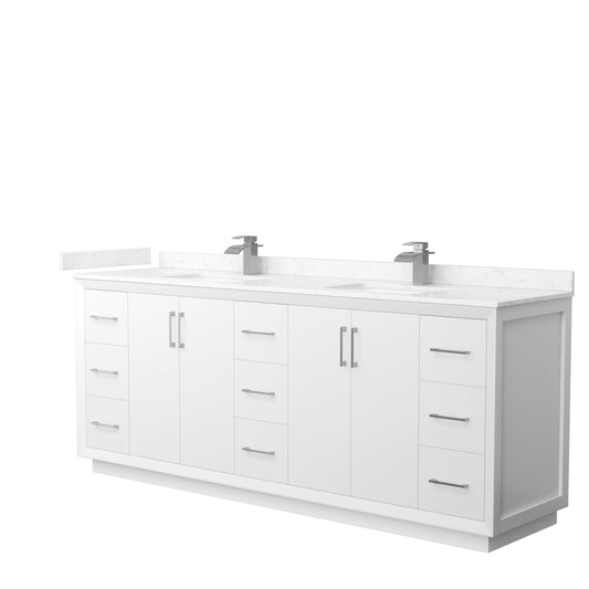 Strada 84" Double Vanity in White, Carrara  Marble Top, Sink, Nickel Trim