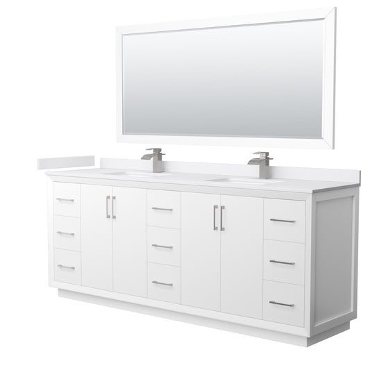 Strada 84" White Double Vanity, White Marble Top, Sink, Nickel Trim, 70" Mirror