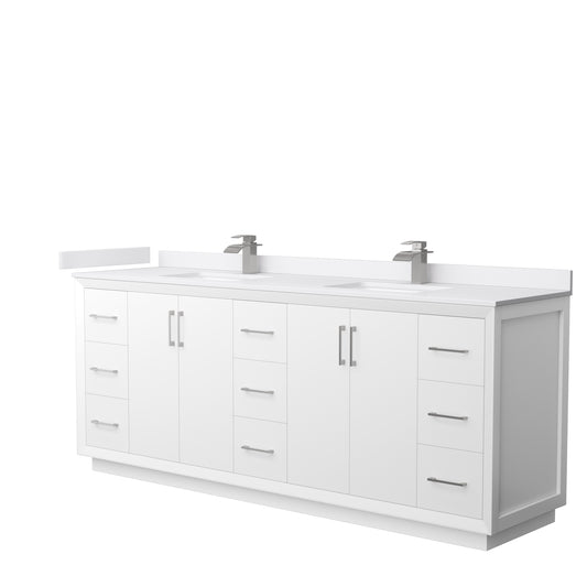 Strada 84" Double Vanity in White, White  Marble Top, Sink, Nickel Trim