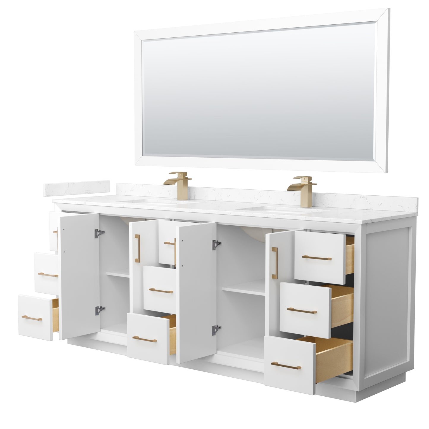 Strada 84" White Double Vanity, Marble Top, Sink, Bronze Trim, 70" Mirror