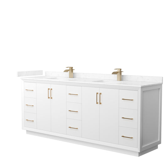 Strada 84" Double Vanity in White, Carrara  Marble Top, Sink, Bronze Trim