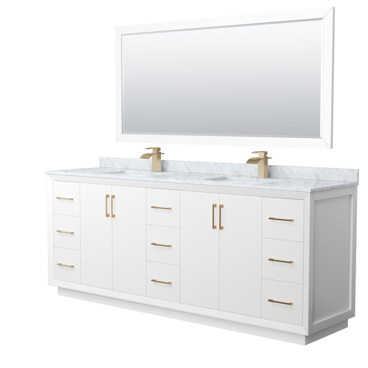 Strada 84" Double Vanity in White, Marble Top, Sink, Bronze Trim, 70" Mirror