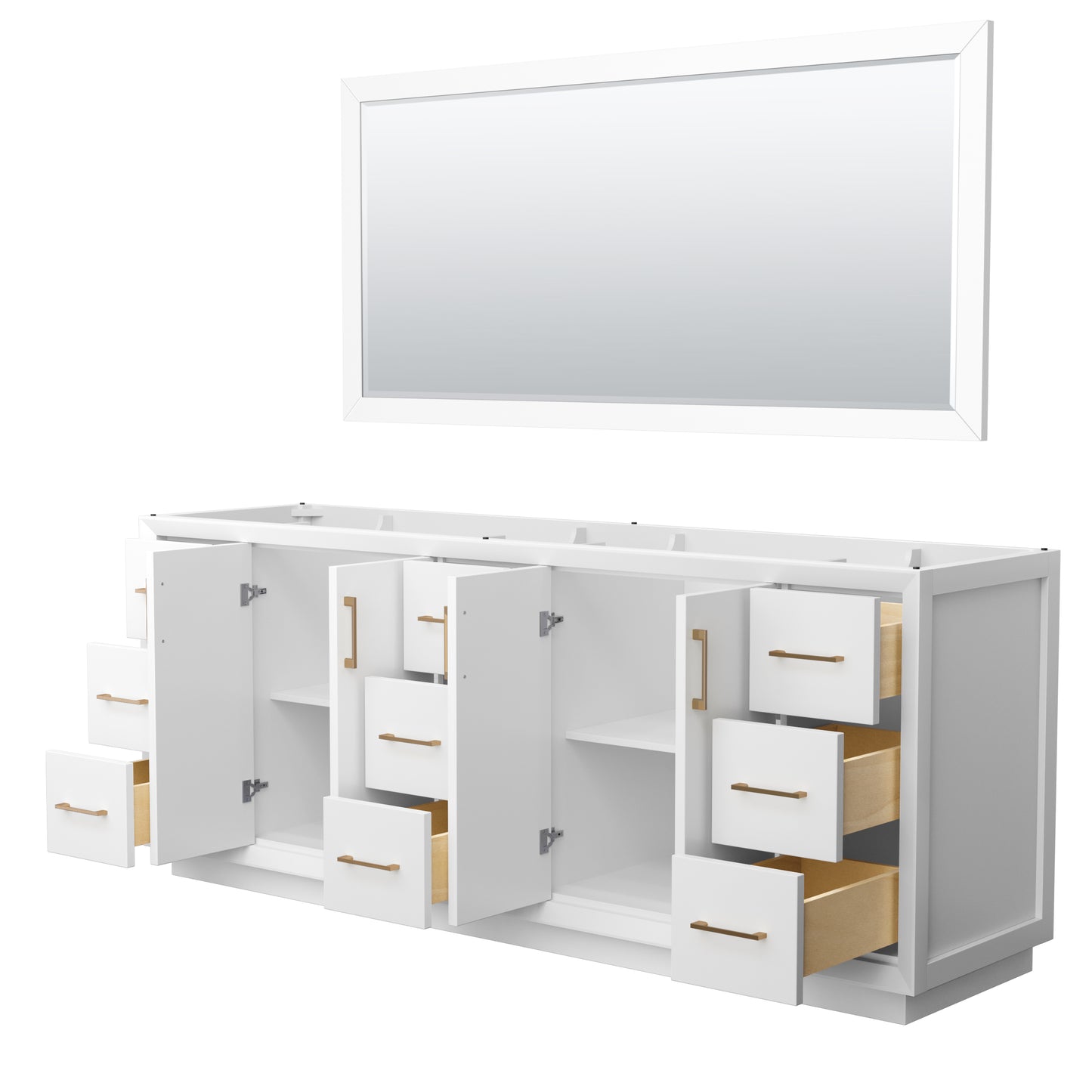 Strada 84 Inch Double Vanity in White, Satin Bronze Trim, 70 Inch Mirror