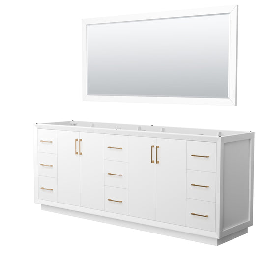 Strada 84 Inch Double Vanity in White, Satin Bronze Trim, 70 Inch Mirror