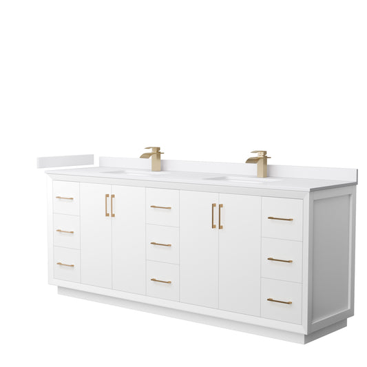 Strada 84" Double Vanity in White, White  Marble Top, Sink, Bronze Trim