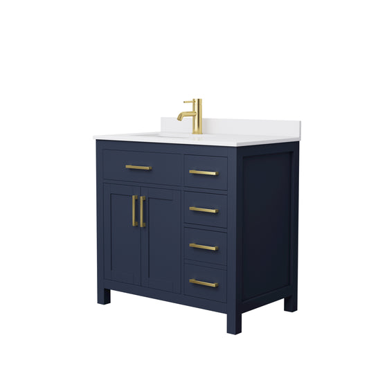 Beckett 36" Single Vanity in Dark Blue, White Cultured Marble Top, Gold Trim