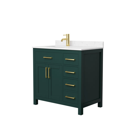 Beckett 36" Single Vanity in Green, Carrara Cultured Marble Top, Gold Trim