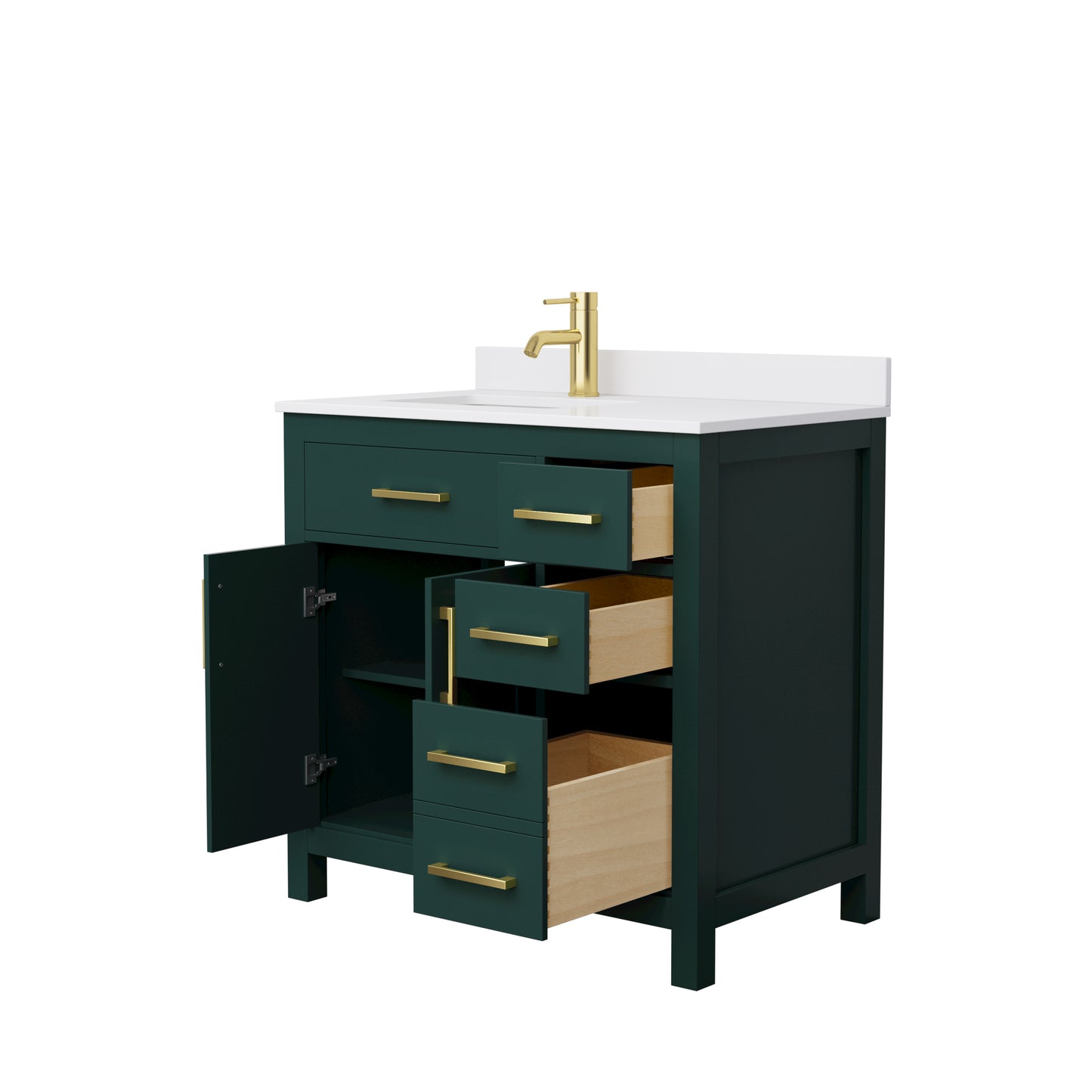 Beckett 36" Single Vanity in Green, White Cultured Marble Top, Gold Trim