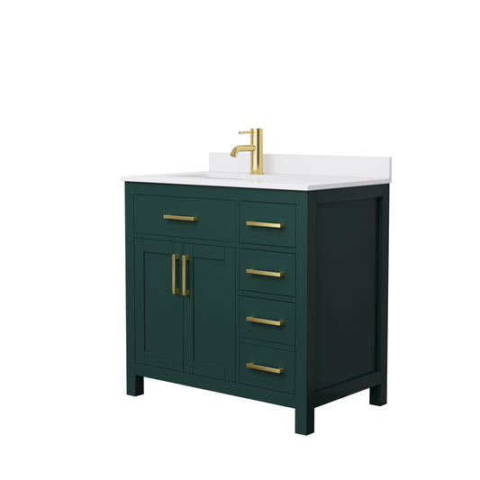 Beckett 36" Single Vanity in Green, White Cultured Marble Top, Gold Trim