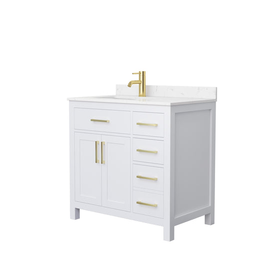 Beckett 36" Single Vanity in White, Carrara Cultured Marble Top, Gold Trim