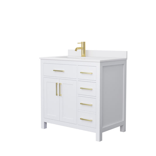 Beckett 36" Single Vanity in White, White Cultured Marble Top, Gold Trim