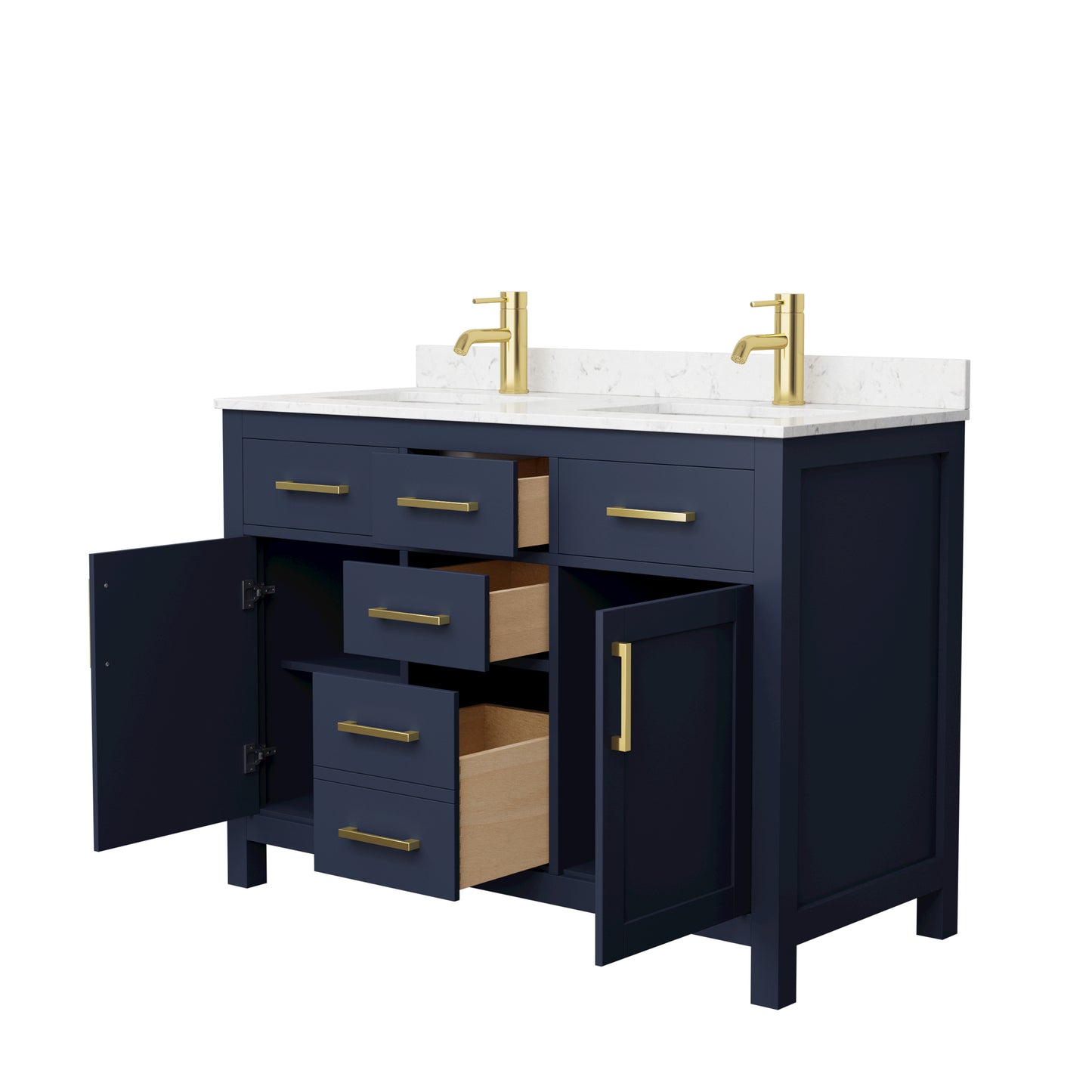 Beckett 48" Double Vanity in Dark Blue, Carrara Cultured Marble Top, Gold Trim