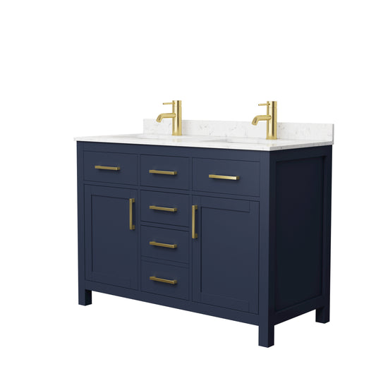 Beckett 48" Double Vanity in Dark Blue, Carrara Cultured Marble Top, Gold Trim
