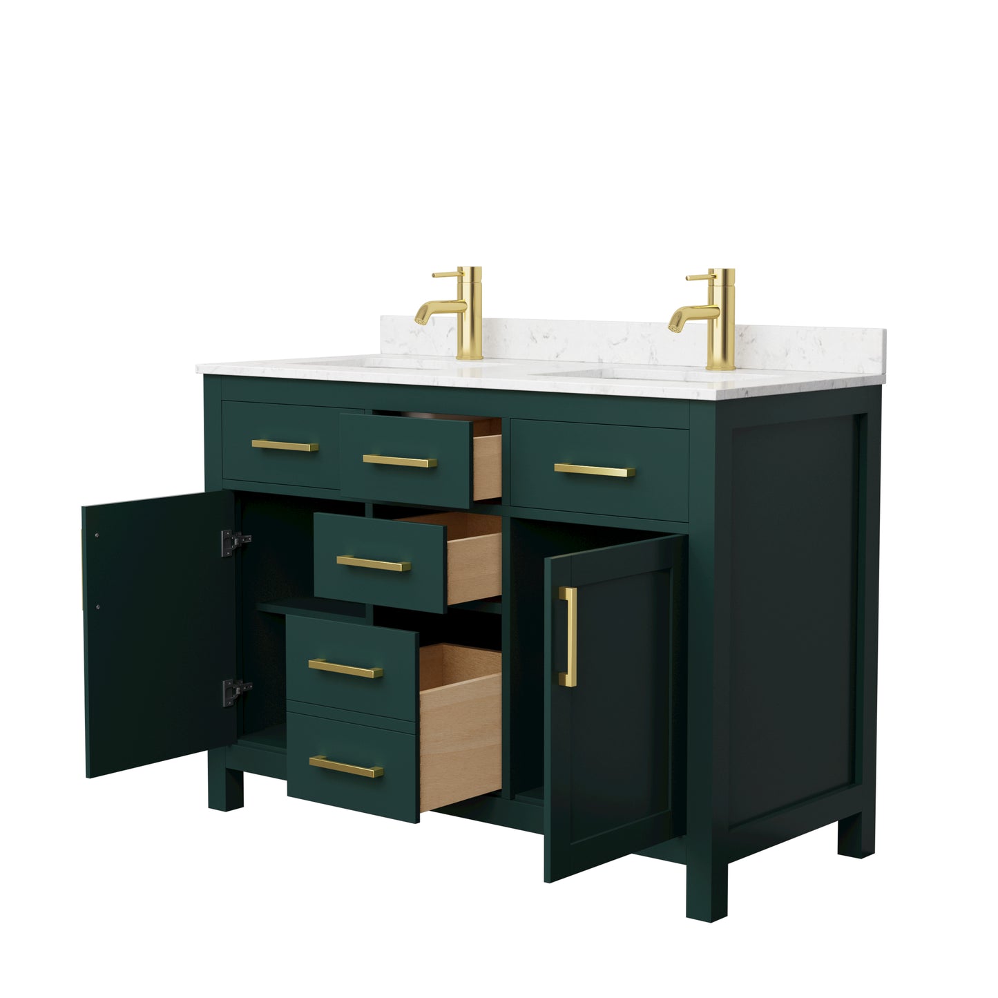 Beckett 48" Double Vanity in Green, Carrara Cultured Marble Top, Gold Trim