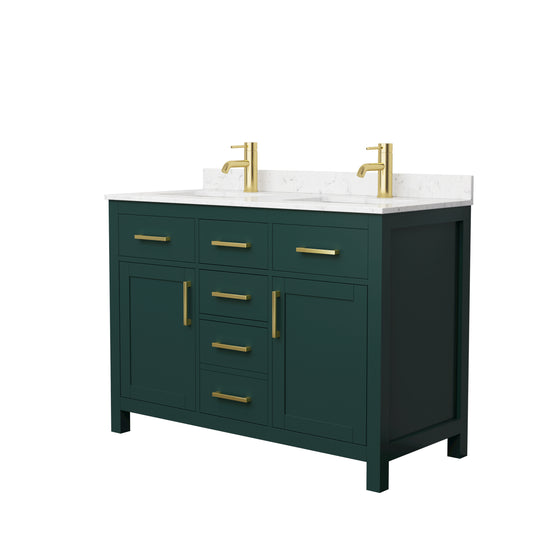 Beckett 48" Double Vanity in Green, Carrara Cultured Marble Top, Gold Trim