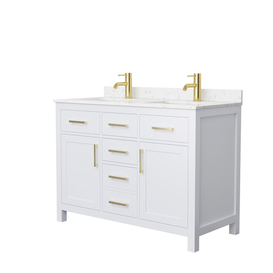 Beckett 48" Double Vanity in White, Carrara Cultured Marble Top, Gold Trim