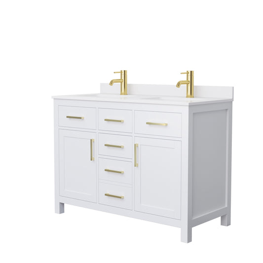 Beckett 48" Double Vanity in White, White Cultured Marble Top, Gold Trim