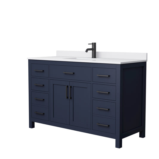 Beckett 54" Single Vanity in Dark Blue, White Cultured Marble Top, Black Trim