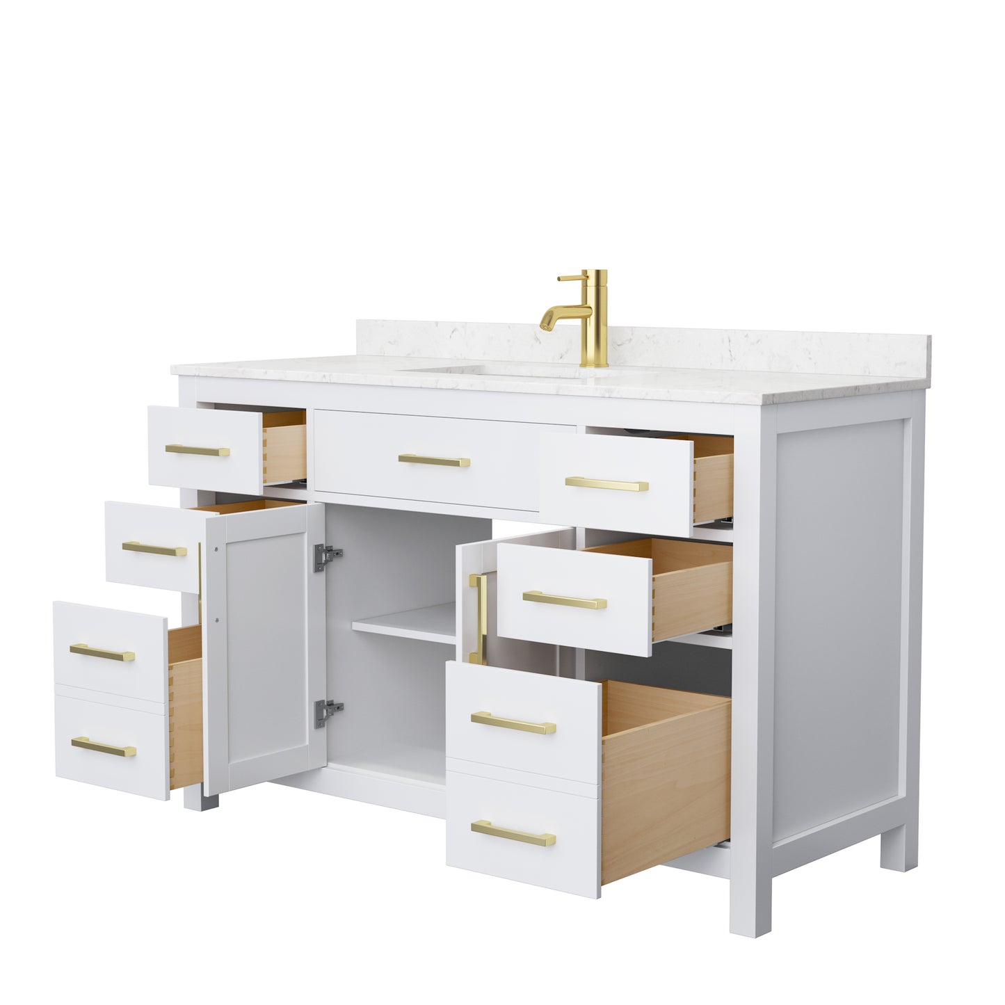 Beckett 54" Single Vanity in White, Carrara Cultured Marble Top, Gold Trim
