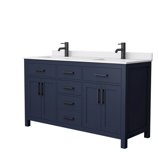 Beckett 60" Double Vanity in Dark Blue, White Cultured Marble Top, Black Trim