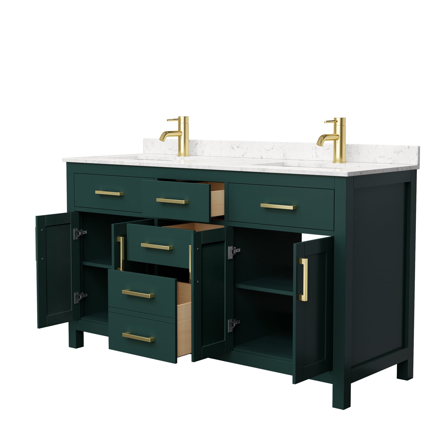 Beckett 60" Double Vanity in Green, Carrara Cultured Marble Top, Gold Trim