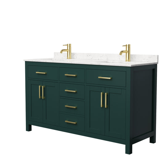 Beckett 60" Double Vanity in Green, Carrara Cultured Marble Top, Gold Trim