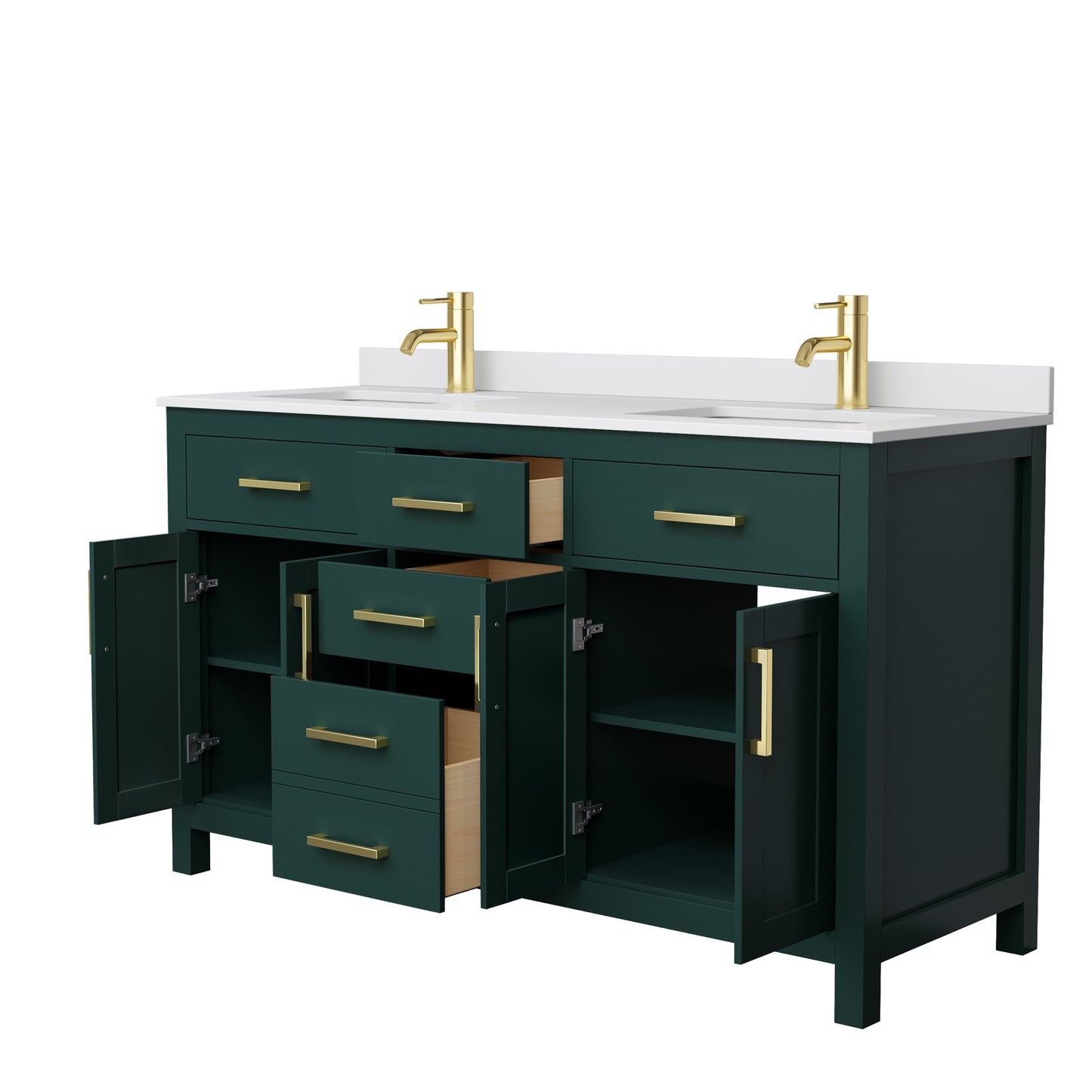 Beckett 60" Double Vanity in Green, White Cultured Marble Top, Gold Trim